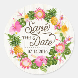 Adesivo Redondo Luau Beach Tropical Floral Salve o Rótulo de Data