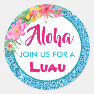 Adesivo Redondo Luau Havaiano Azul Brilho Tropical Hibisco Clássic