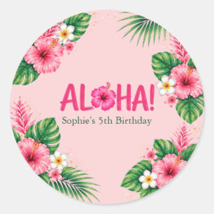Adesivo Redondo Luau Rosa Tropical Aloha Aniversário