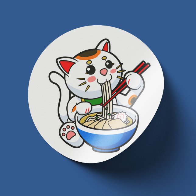 Adesivo Redondo Lucky Cat Ramen (Lucky Cat Eating Ramen- Sticker View)