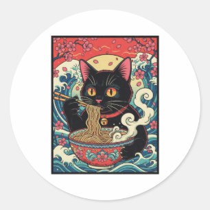 Adesivo Redondo Lucky Cat Ramen Noodle Art