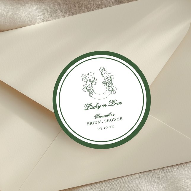 Adesivo Redondo Lucky in Love Shamrock Horseshoe Bridal Shower (Criador carregado)