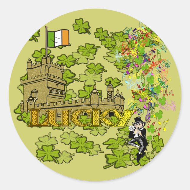 Adesivo Redondo Lucky Leprechaun e seu Castelo Irlandês (Frente)