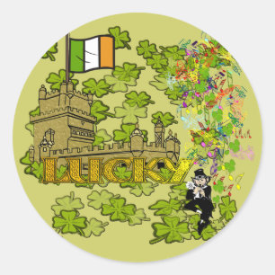 Adesivo Redondo Lucky Leprechaun e seu Castelo Irlandês