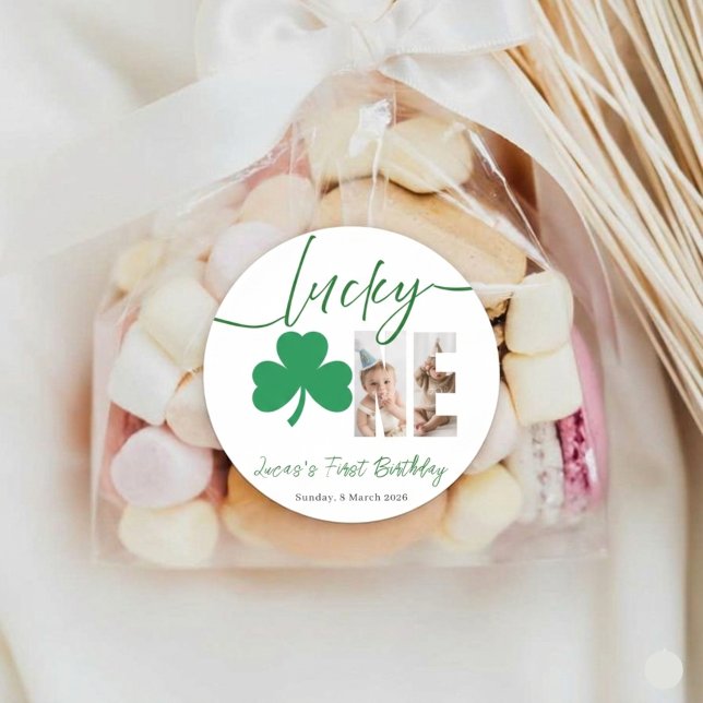 Adesivo Redondo Lucky One First Birthday Shamrock Photo Sticker (Criador carregado)