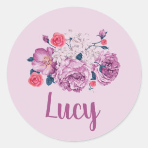 Adesivo Redondo Lucy Name Floral Custom Vintage Flower Pink Girl