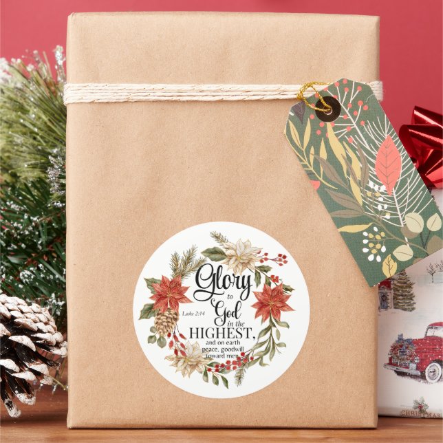 Adesivo Redondo Luke 2:14 Glória a Deus Dourada Floral de Natal (Feriado)