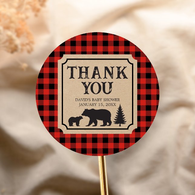 Adesivo Redondo Lumberjack Bear Baby Shower  (Bear Plaid Baby Shower Sticker)