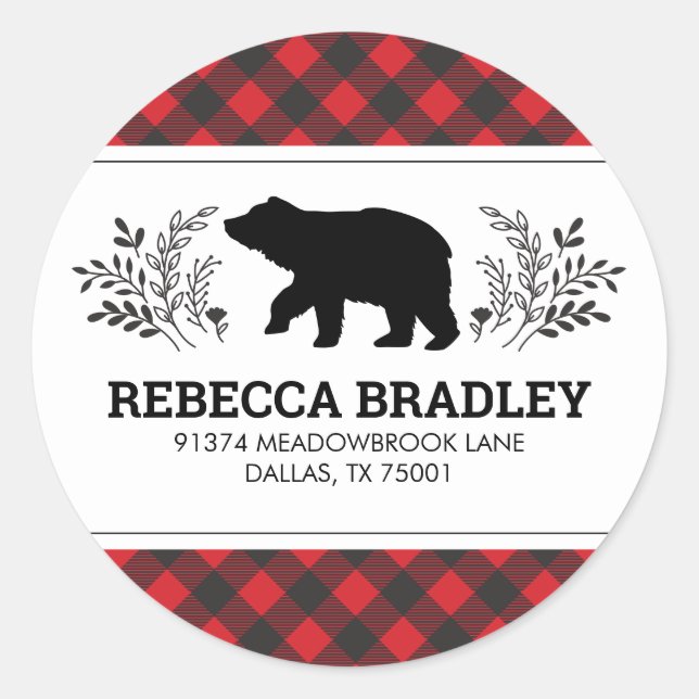Adesivo Redondo Lumberjack Urso Buffalo Plaid Endereço de Devoluçã (Frente)