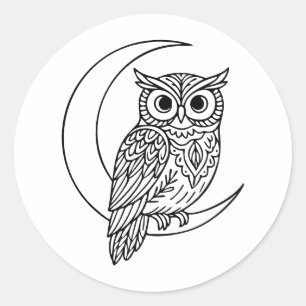 Adesivo Redondo Luna Coruja Linha Arte com Lua Crescente