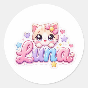 Adesivo Redondo Luna Gato Kawaii Fofo Nome Rosa Pastel Brilhante K