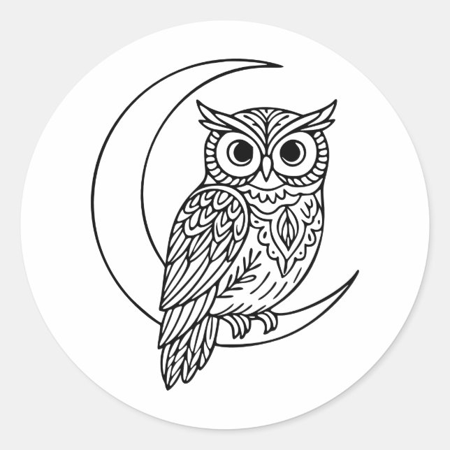 Adesivo Redondo Luna Owl Line Art with Crescent Moon (Frente)