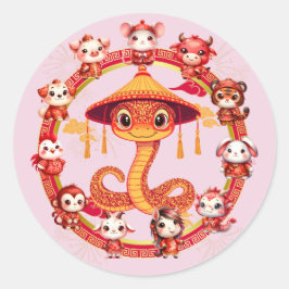 Adesivo Redondo Lunar Chinês, Ano Novo Cobra Design 1