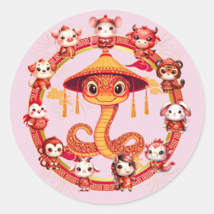 Adesivo Redondo Lunar Chinês, Ano Novo Cobra Design 1