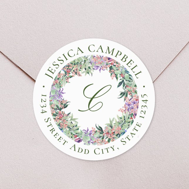 Adesivo Redondo Luscious Floral Wreath Monograma Endereço de Retor (Criador carregado)