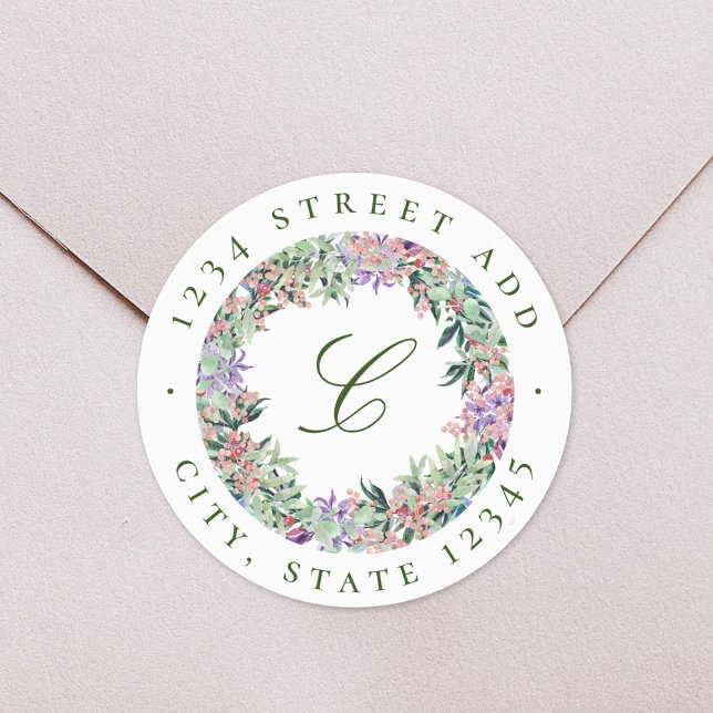 Adesivo Redondo Luscious Floral Wreath Monograma Endereço de Retor (Criador carregado)