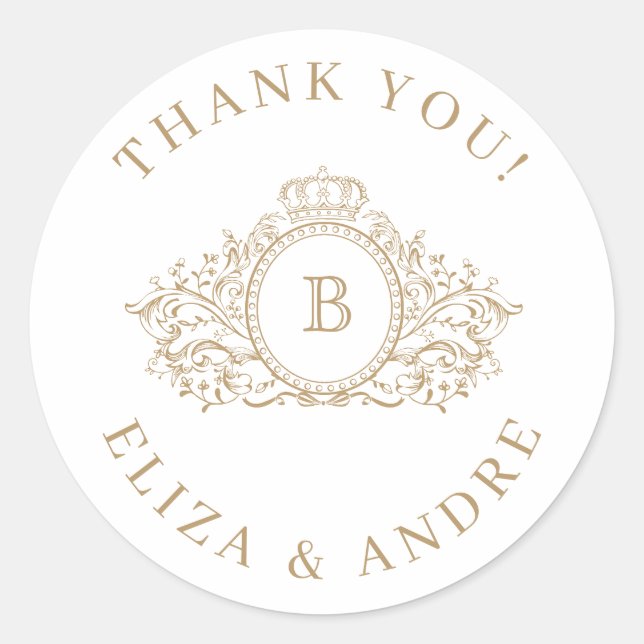 Adesivo Redondo Luxo Clássico, Vinheta de Casamento Monograma Pers (Frente)