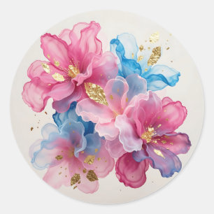 Adesivo Redondo Luxo Rosa Azul Dourado Floral