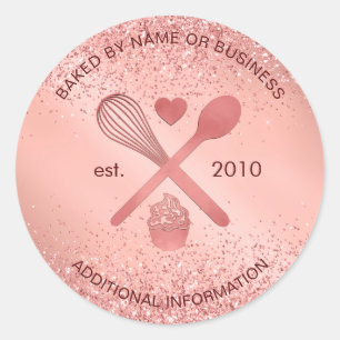 Adesivo Redondo Luxuoso Glitter de Ouro Rosa Padaria Cupcake Paste