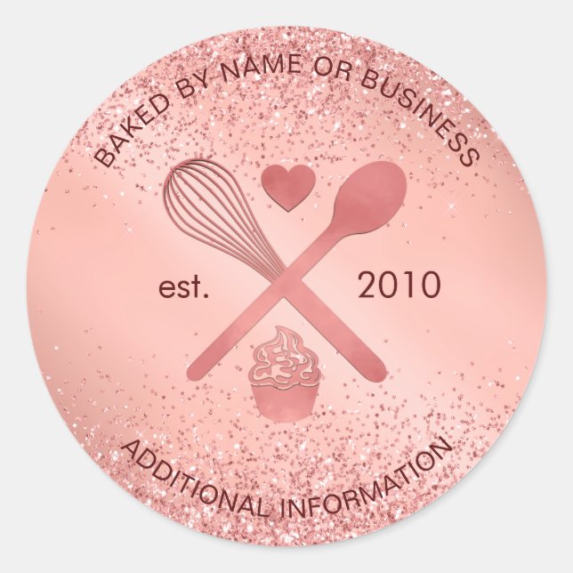 Adesivo Redondo Luxuoso Glitter de Ouro Rosa Padaria Cupcake Paste (Frente)