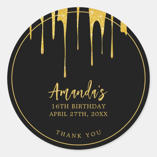 Adesivo Redondo Luxúria Dourada Glitter Gota Doce 16 Aniversário (Frente)