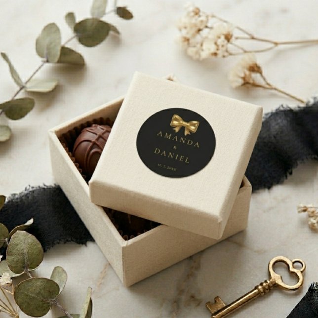 Adesivo Redondo Luxury Black and Gold  Golden Bow Wedding  (Criador carregado)