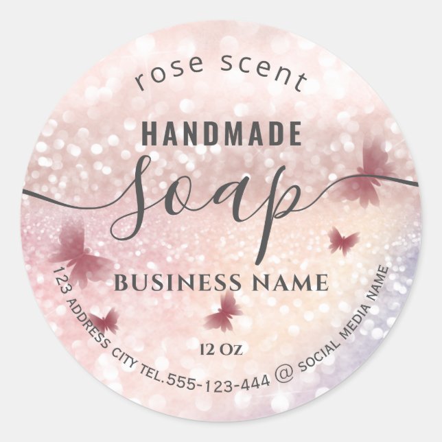 Adesivo Redondo Luxury glittery romantic butterfly soap (Frente)