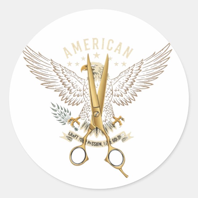 Adesivo Redondo Luxury Golden Barber Scissors Eagle Wings Sticker (Frente)