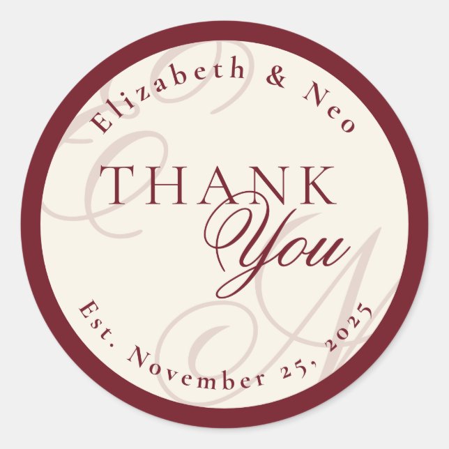 Adesivo Redondo Luxury Monogram Ivory Wedding Thank You (Frente)