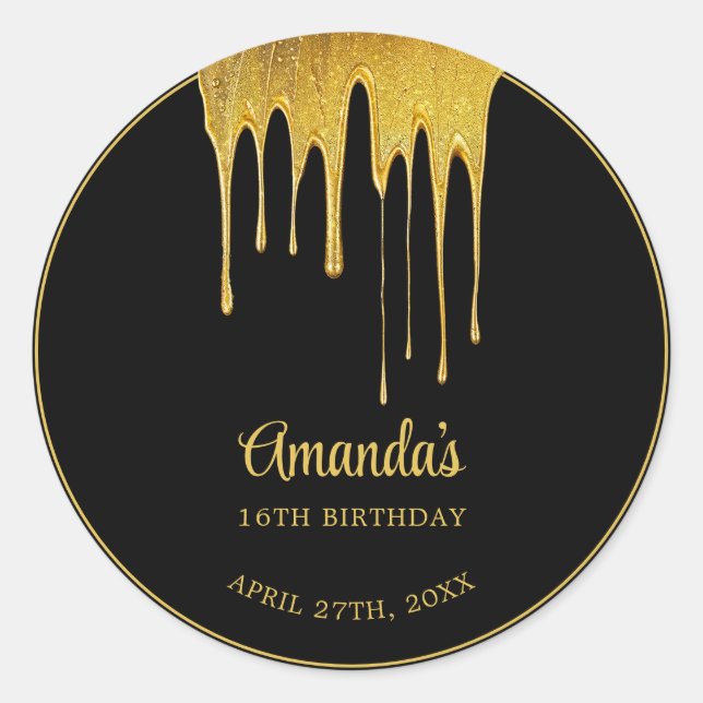 Adesivo Redondo Luxury Preto e Dourado Lixeira Doce 16 Aniversário (Frente)