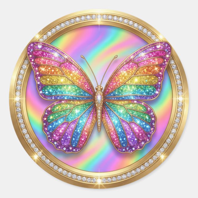 Adesivo Redondo Luxury Rainbow Glitter Butterfly  (Frente)
