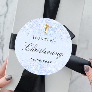 Adesivo Redondo Luz de batismo menino brilhante laranja azul cruz
