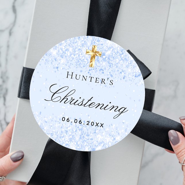 Adesivo Redondo Luz de batismo menino brilhante laranja azul cruz (Criador carregado)