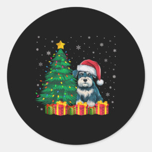 Adesivo Redondo Luz de Natal de Schnauzer Santa Hat, Miniatura Úti