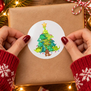 Adesivo Redondo Luzes de árvore de Natal dinossauro T Rex crianças