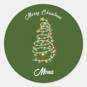 Adesivo Redondo luzes de árvore de Natal nome personalizado
