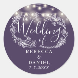Adesivo Redondo Luzes de Corda Elegantes Flores Roxas Casamento