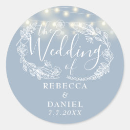 Adesivo Redondo Luzes de Corda Florais Azul Empoeirado Casamento