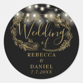 Adesivo Redondo Luzes de Corda Floral Preto e Dourado Casamento
