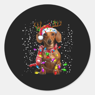 Adesivo Redondo Luzes De Natal Dachshund Dog Santa Hat Scarf Para