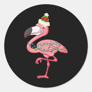 Adesivo Redondo Luzes de Natal de Flamingo Exótico Havaiano no Nat