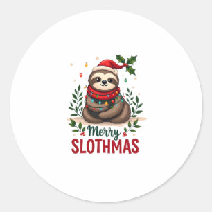Adesivo Redondo Luzes de Natal de Preguiça Engraçadas Feliz Slothm