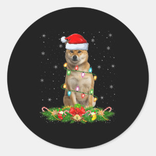 Adesivo Redondo Luzes de Natal do Cão Shiba Inu Chapéu Divertido d