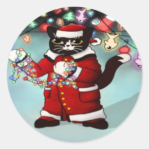 Adesivo Redondo Luzes de Natal Gelado Tuxedo Gato Clássico Ronda S