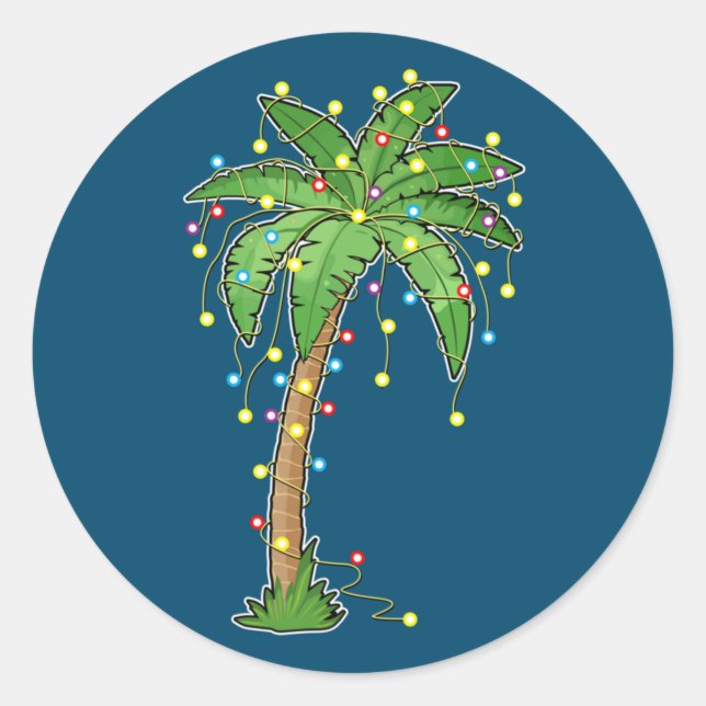 Adesivo Redondo Luzes de Natal Palm Tree Beach Funny Tropical (Frente)