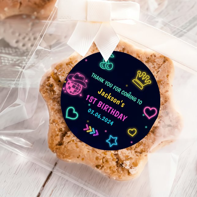 Adesivo Redondo Luzes de Neon Brilhantes Obrigado Festa de anivers (Criador carregado)
