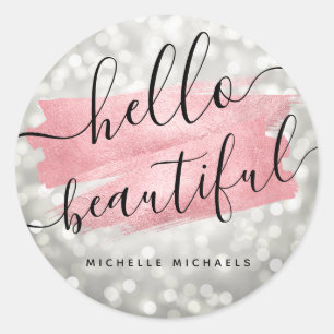 Adesivo Redondo Luzes de Prata Douradas com Script "Hello Beautifu