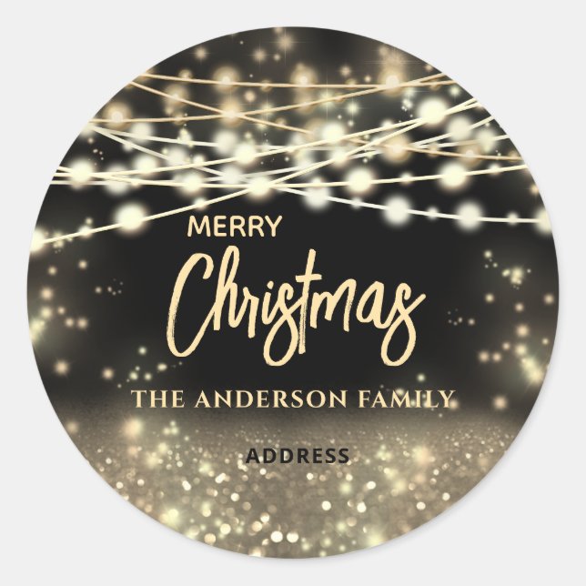 Adesivo Redondo Luzes pretas Douradas brilham Feliz Natal (Frente)