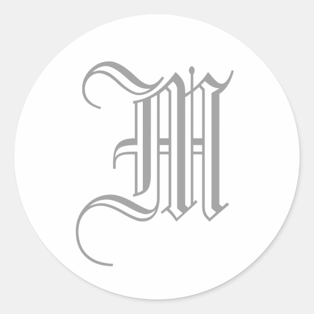Adesivo Redondo M - Letra Monograma Cinza Sticker Antigo Inglês (Frente)