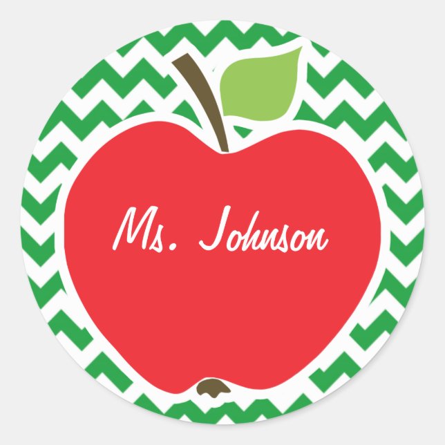 Adesivo Redondo Maçã Vermelha em Gretro Kelly Green Chevron Stripe (Frente)
